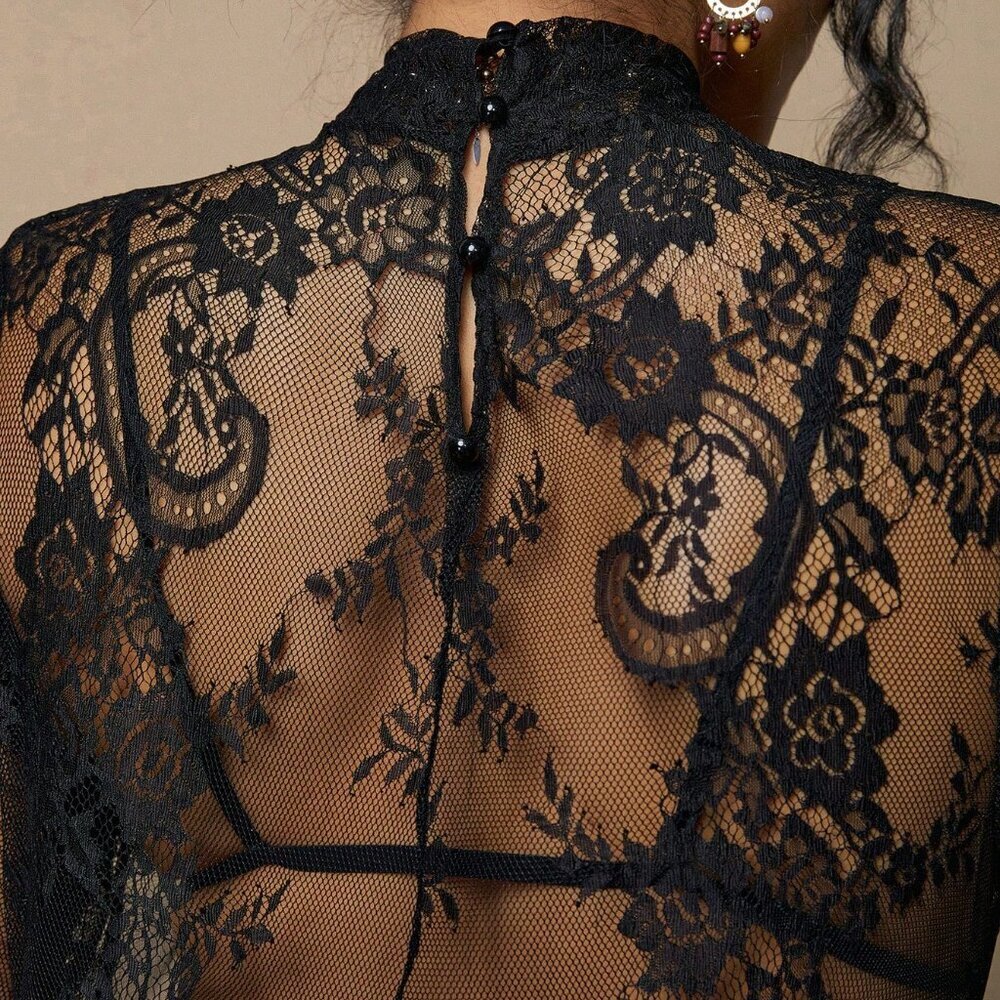 Black Boho Women's Elegant Plus Size Lace Maxi Dress - Picture 8 of 8